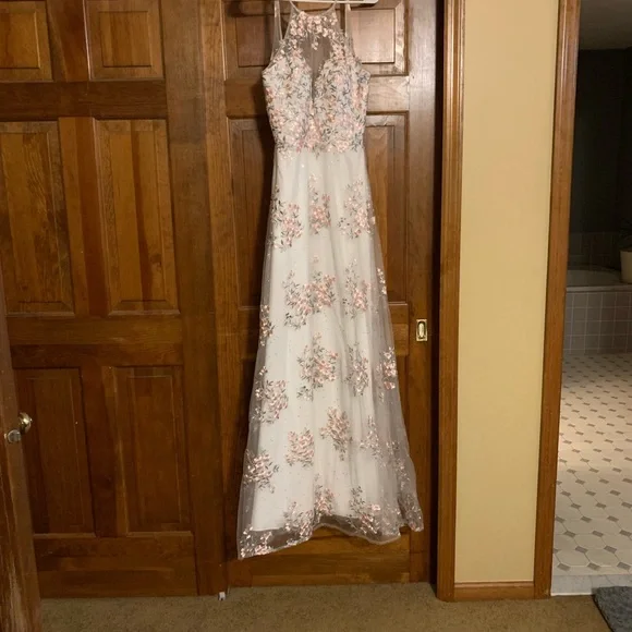 open lace back dress Davinci F145 Floral Print Puff Sleeve A Line Sheer Prom Dress Corset Shimmer Pleated Gown 10 / Champagne/Multi